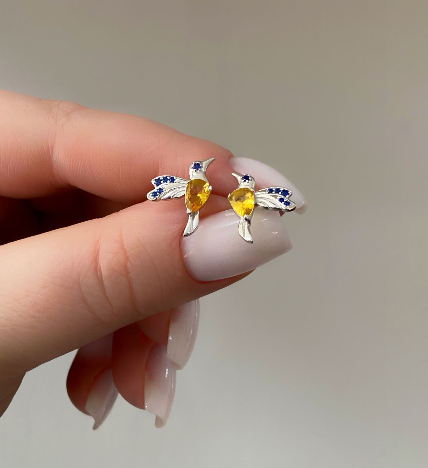 Срібний патріотичний набір Пташки з родієвим покриттям 💙💛