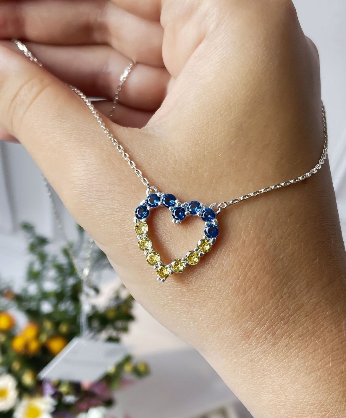 Срібне патріотичне кольє Серденько з родієвим покриттям 💙💛