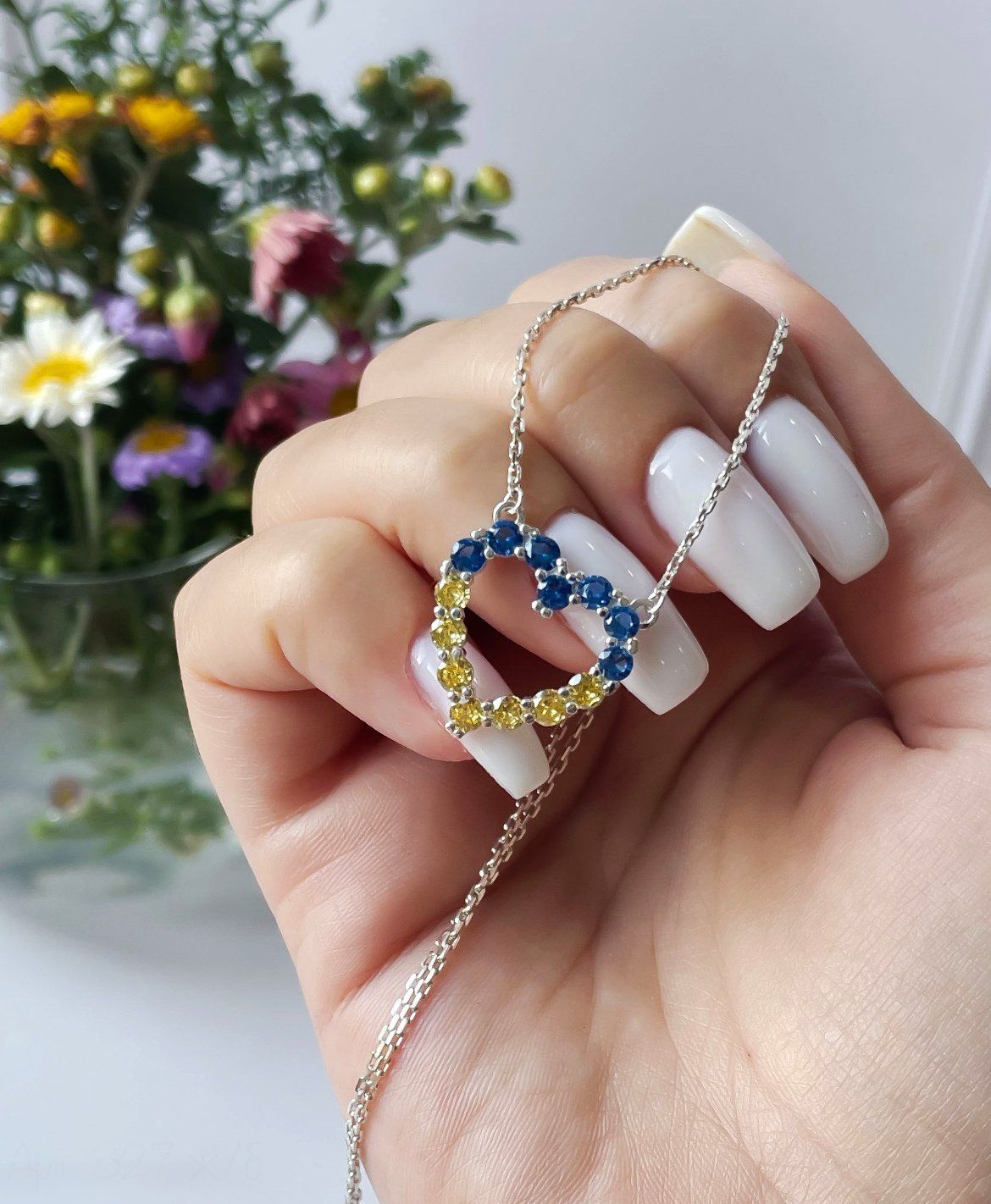 Срібне патріотичне кольє Серденько з родієвим покриттям 💙💛