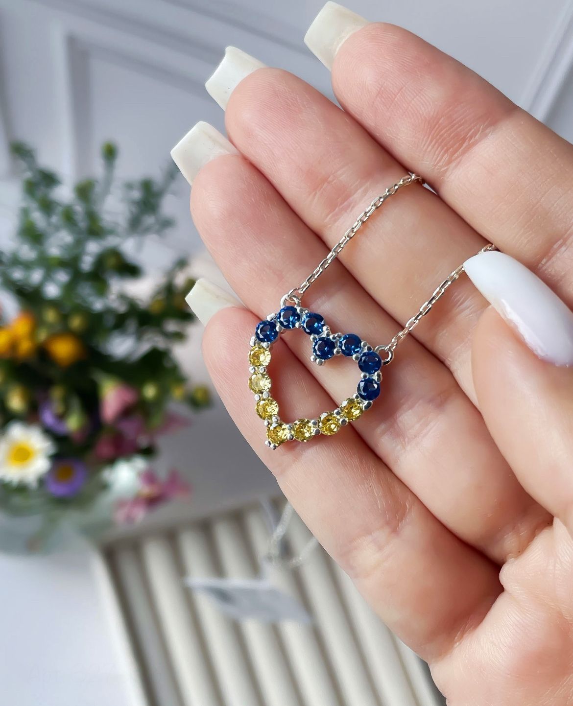 Срібне патріотичне кольє Серденько з родієвим покриттям 💙💛